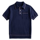 OROMEN Men's Navy Wide-Rib Knit Polo Shirt — Front Flat Lay Showing Full Silhouette, Contrast Tipping and Welt Chest Pocket