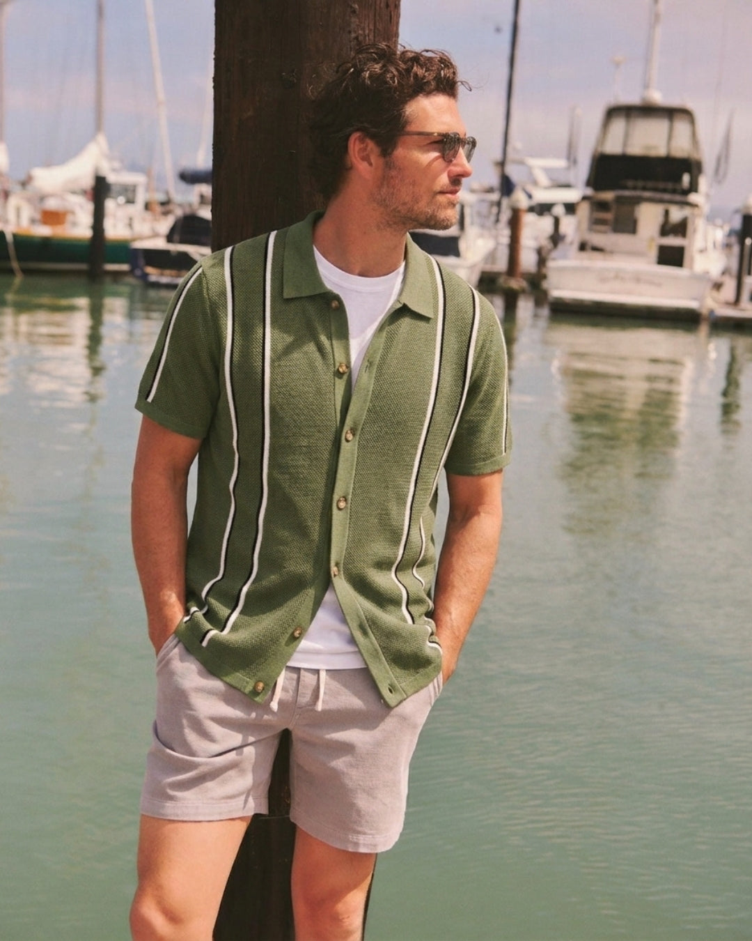 OROMEN Men's Army Green Ice Silk Striped Knit Polo Shirt — in Model
