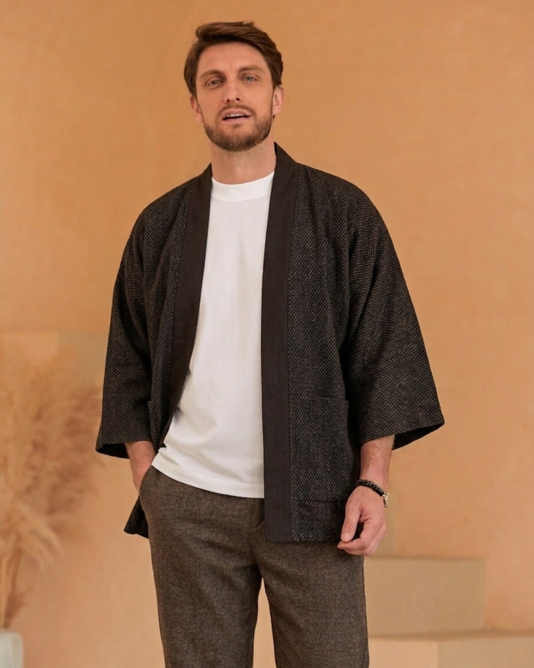 OROMEN Men's Diamond Woven Haori Cardigan in Dark Brown — in Model