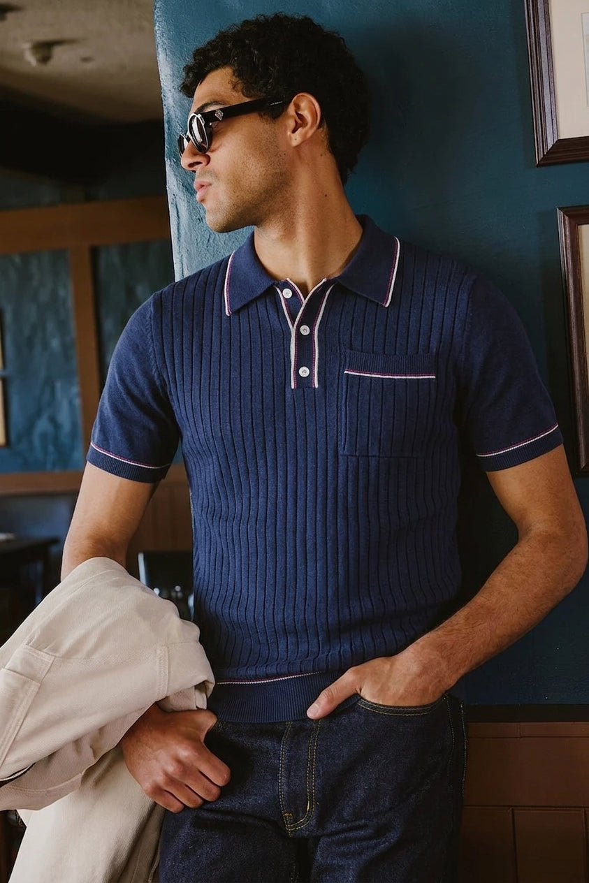 OROMEN Men's Navy Wide-Rib Knit Polo Shirt — in Model