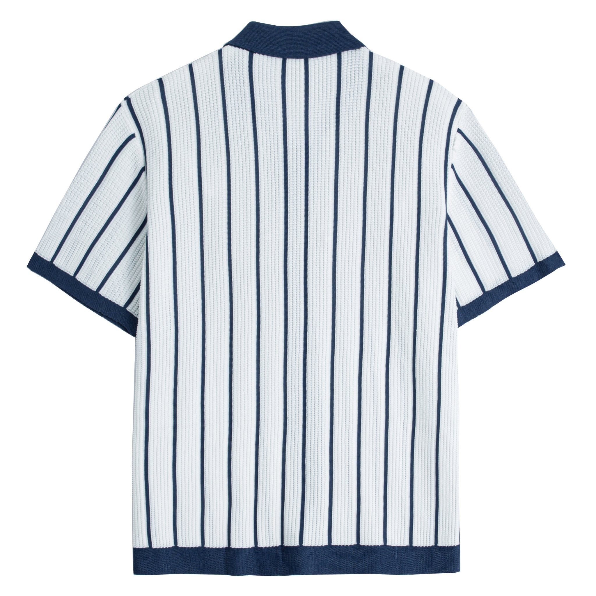 OROMEN Men's Ice Silk Vertical Stripe Knit Polo Shirt - Navy White Top
