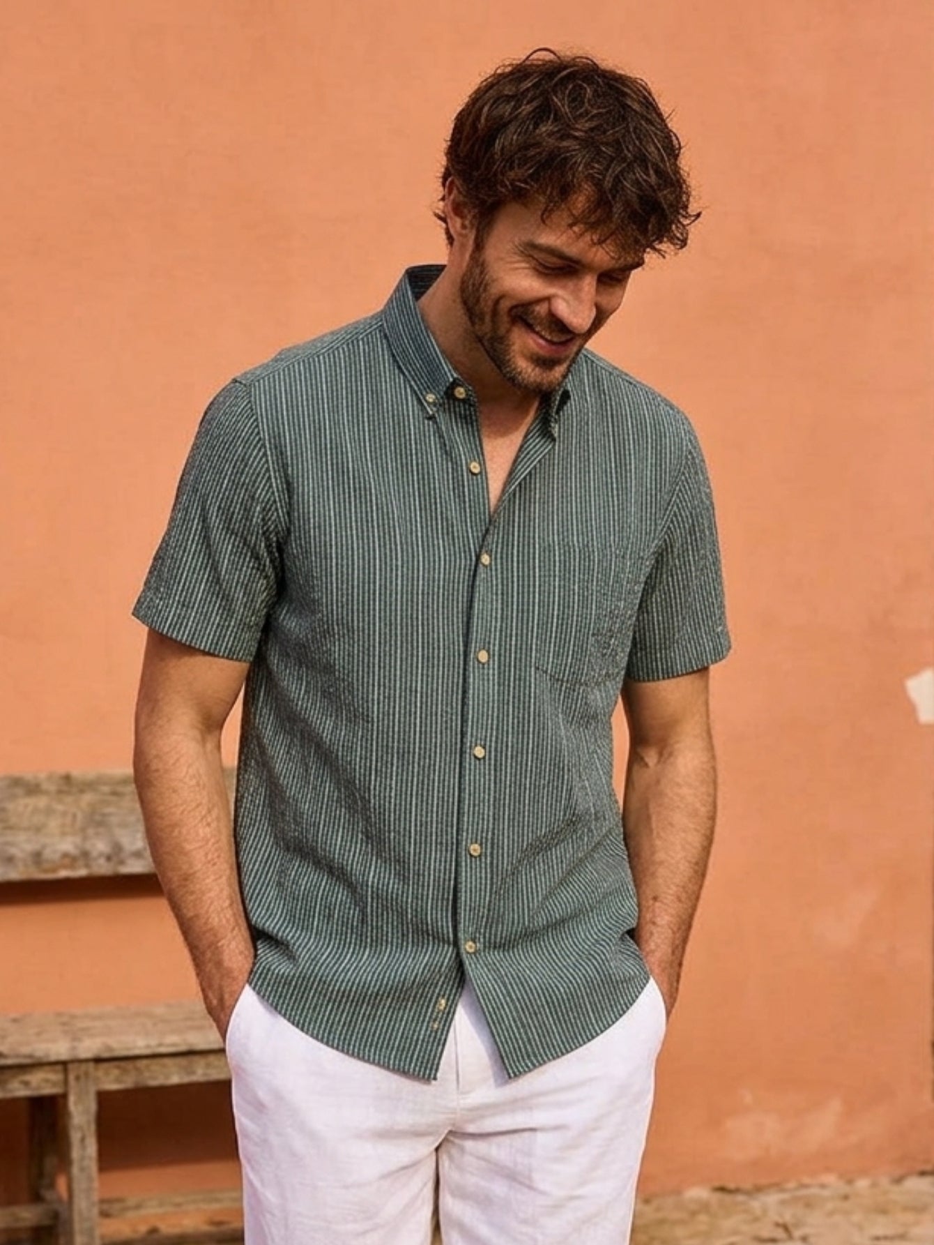 OROMEN Men's Seersucker Striped Shirt in Green — in Model