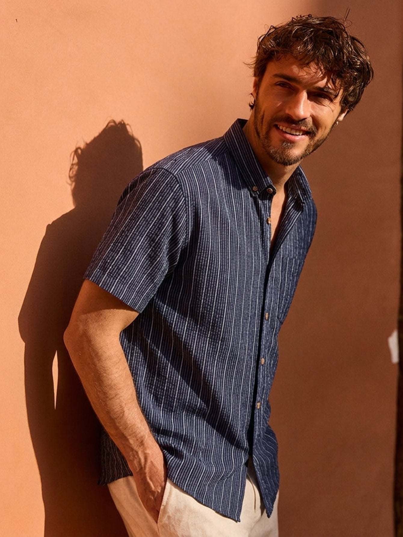 OROMEN Men's Seersucker Striped Shirt in Navy — in Model