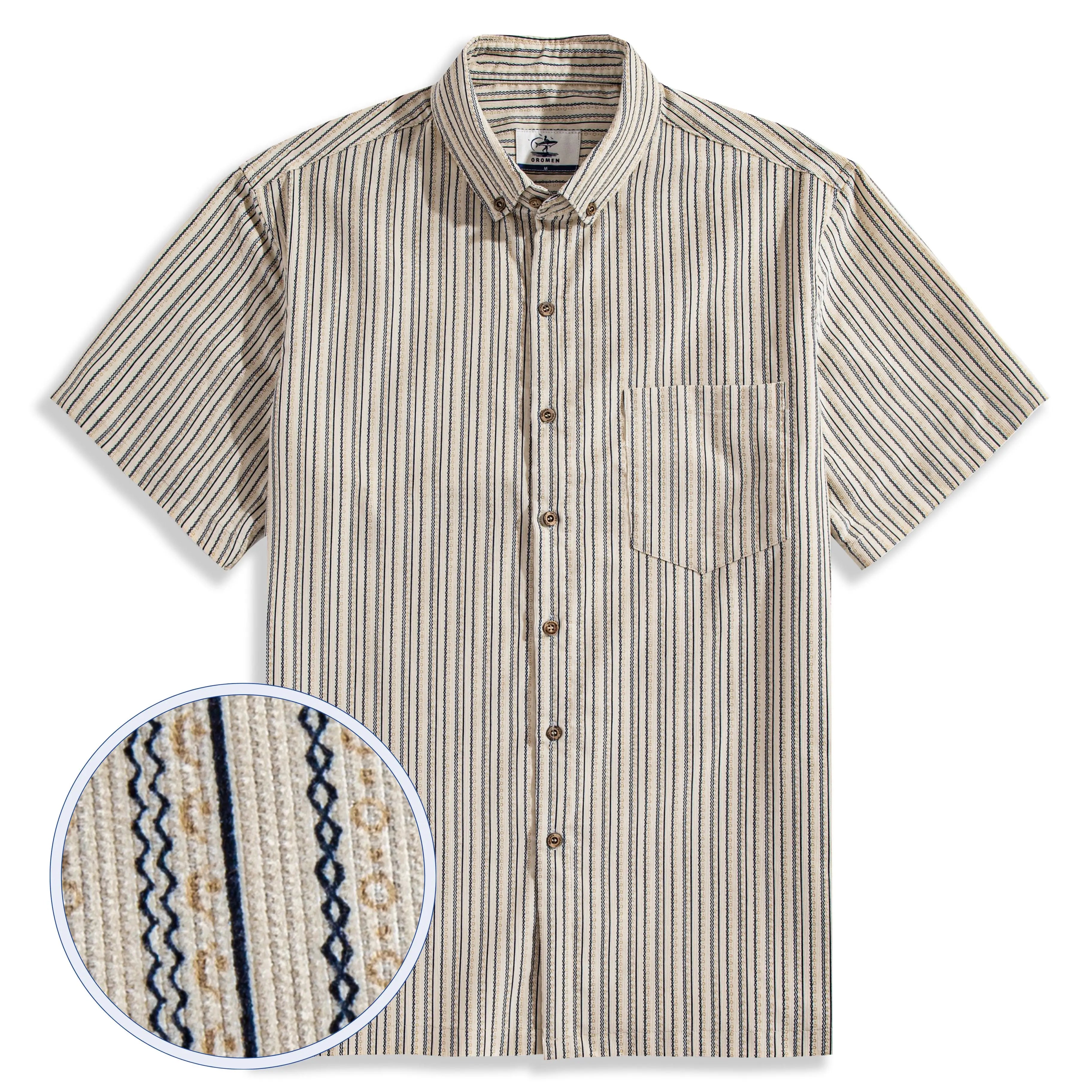 OROMEN Men's Cotton Striped Corduroy Shirt in Khaki – Irregular Diamond Wave Pattern Front View