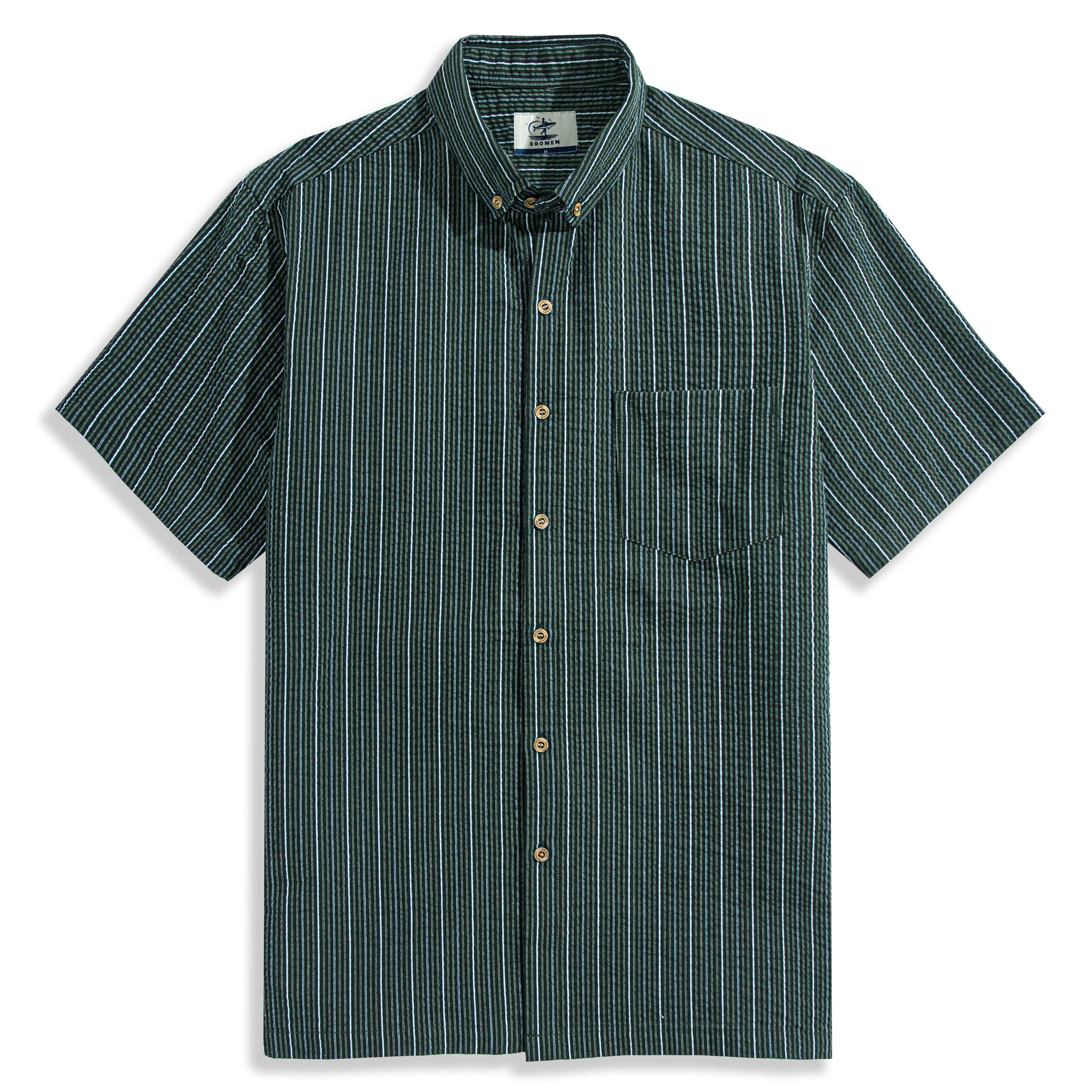 OROMEN Men's Seersucker Striped Shirt in Green — Front View