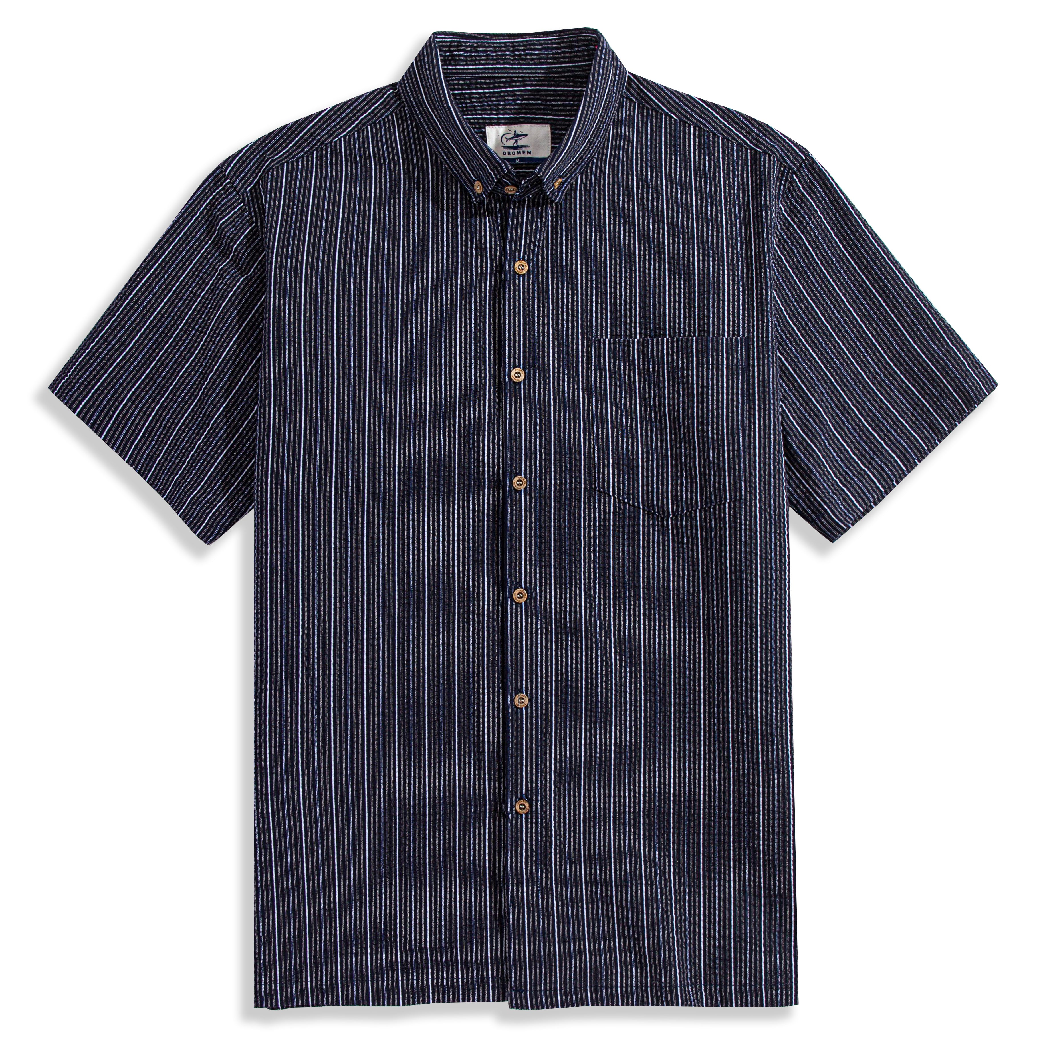 OROMEN Men's Seersucker Striped Shirt in Navy — Front View