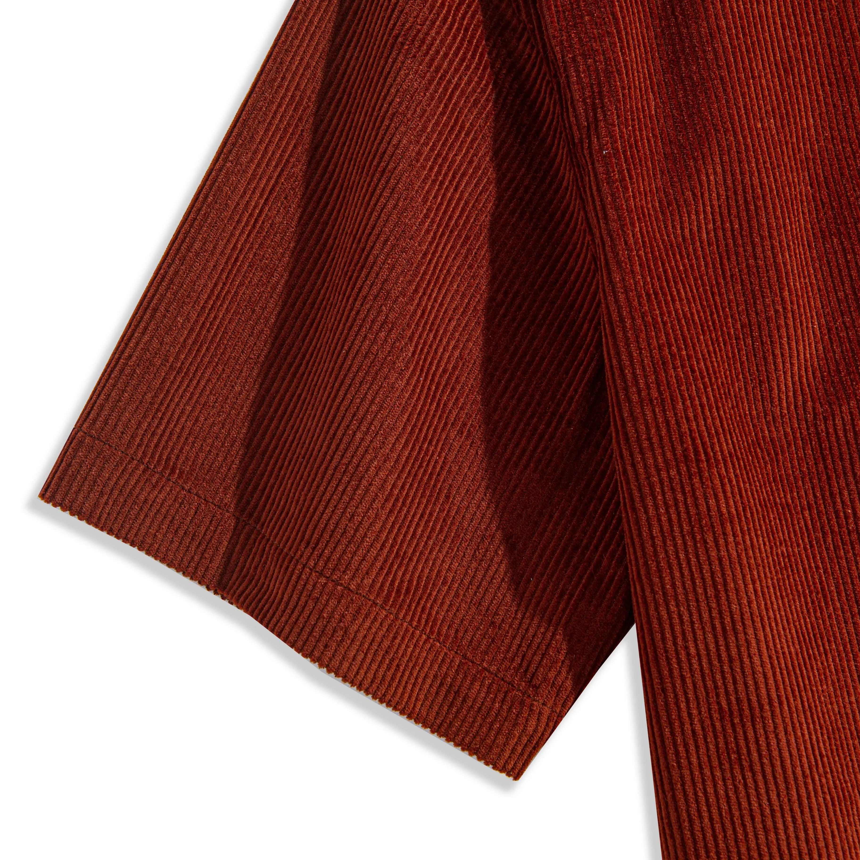 OROMEN Men's Vintage Burgundy Cotton Corduroy Short Sleeve Shirt – Side Profile View