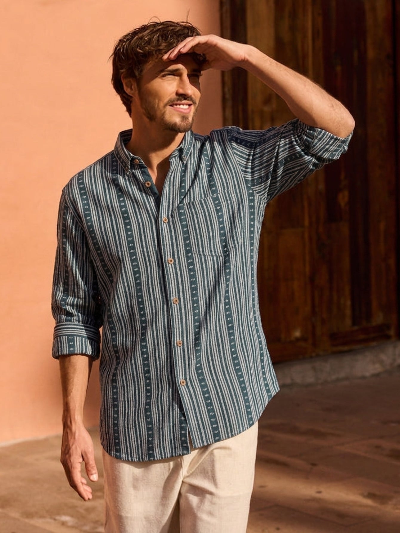 OROMEN Multifunctional Striped Corduroy Shirt – Model Showcase