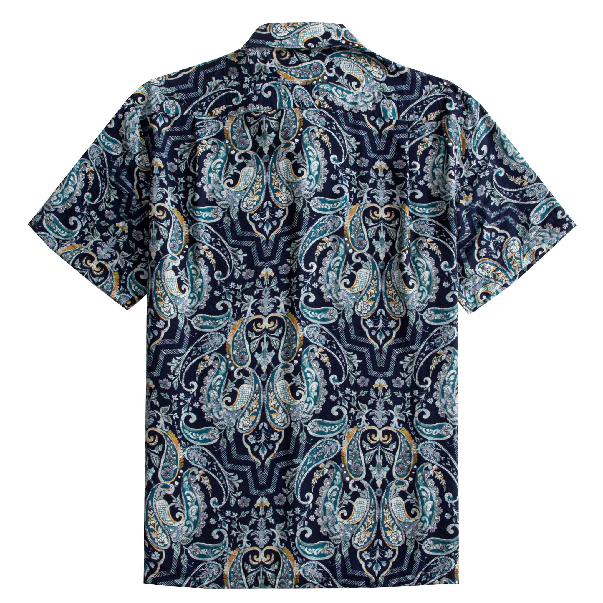 OROMEN Navy Paisley Mood Aloha Shirt — Back View