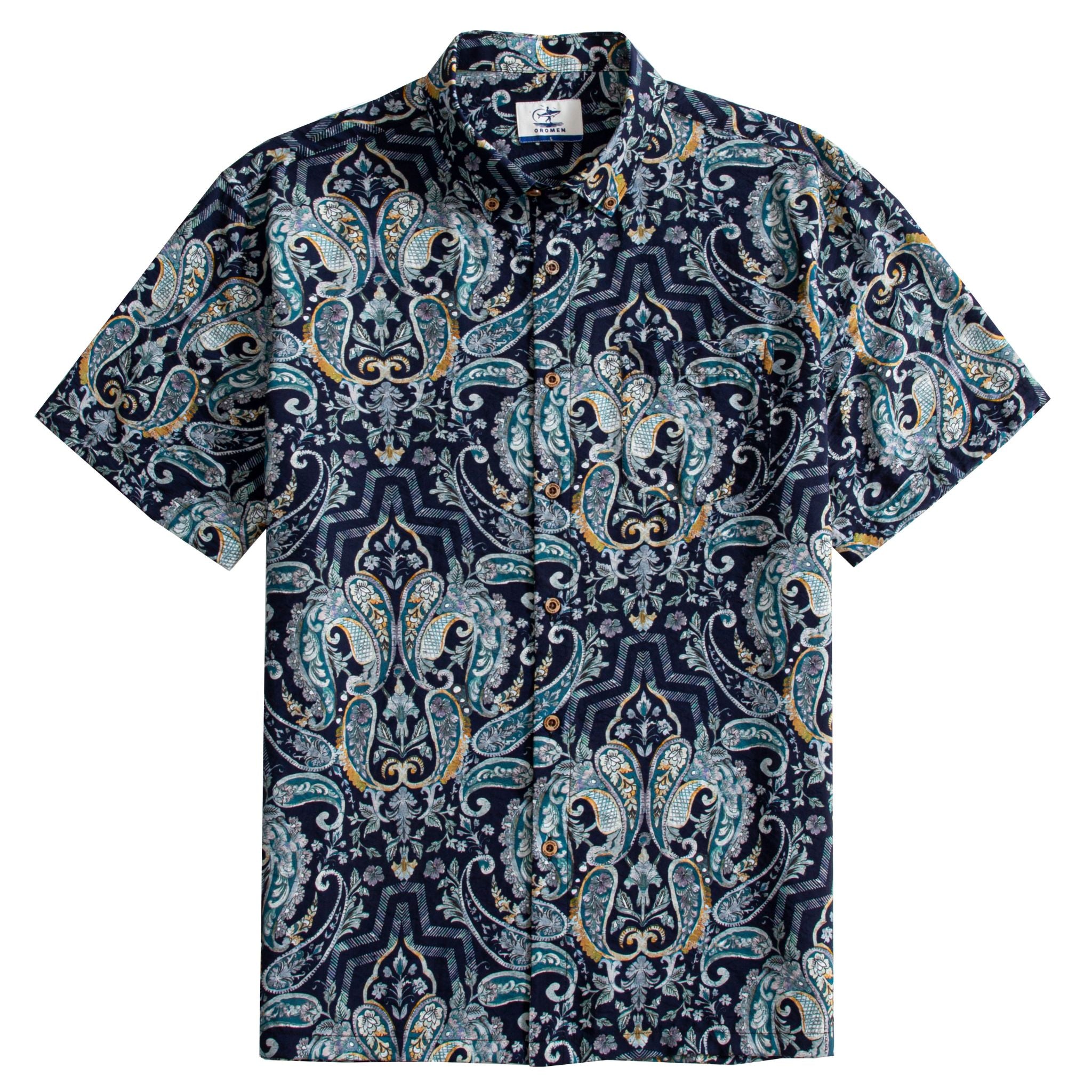 OROMEN Navy Paisley Mood Aloha Shirt — Front View