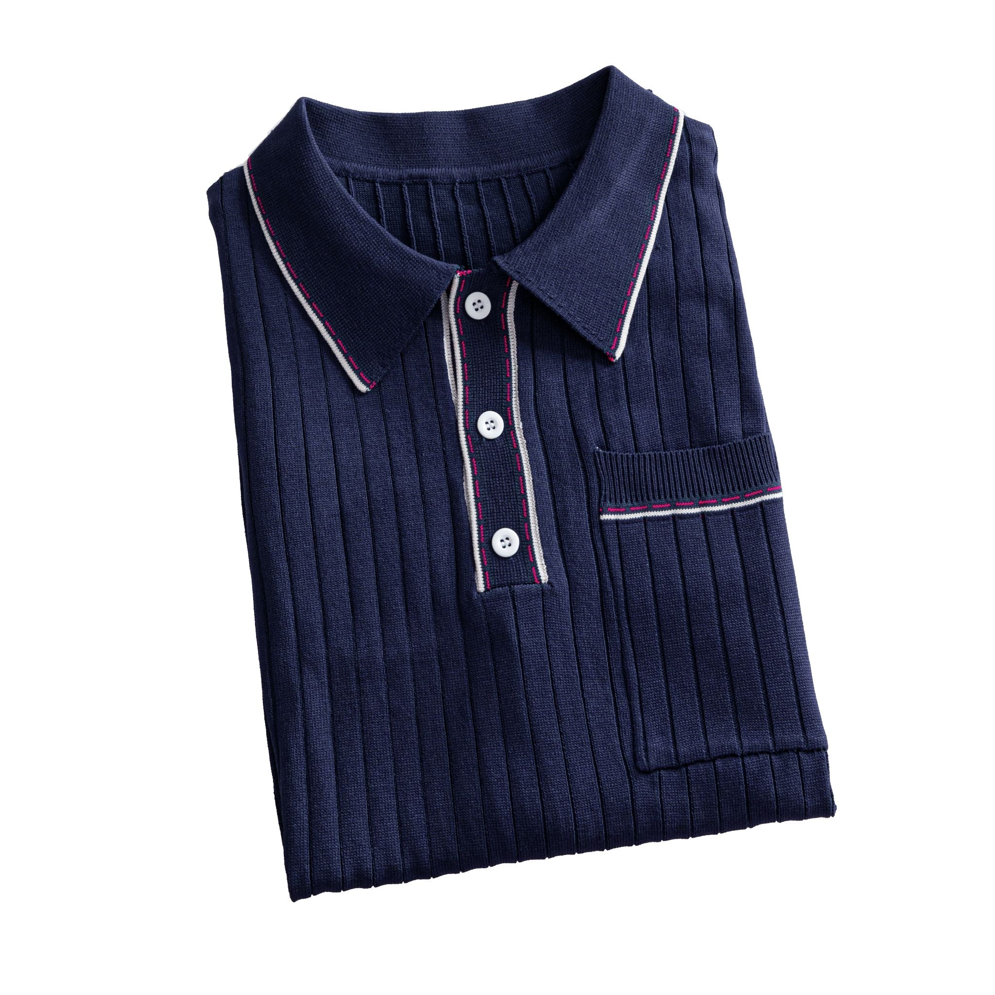 OROMEN Navy Ribbed Knit Polo Shirt — Folded Flat Lay Showing Spread Collar, White Button Placket and Red White Contrast Tipping Detail