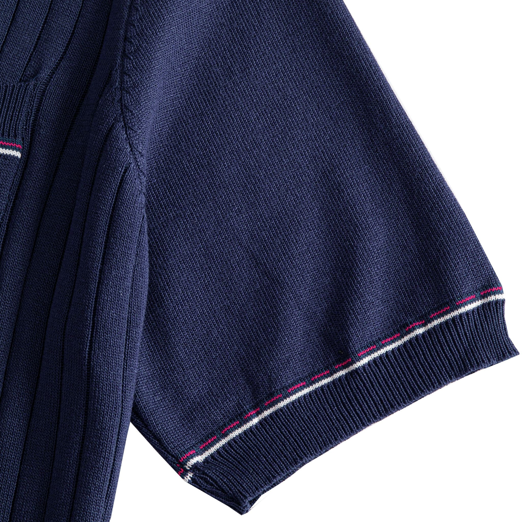 OROMEN Navy Ribbed Knit Polo Shirt — Short Sleeve Cuff Close-Up with Red and White Contrast Tipping on Ribbed Hem