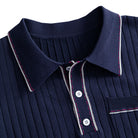 OROMEN Navy Ribbed Knit Polo Shirt — Spread Collar Close-Up with Red and White Contrast Tipping and White Button Placket Detail