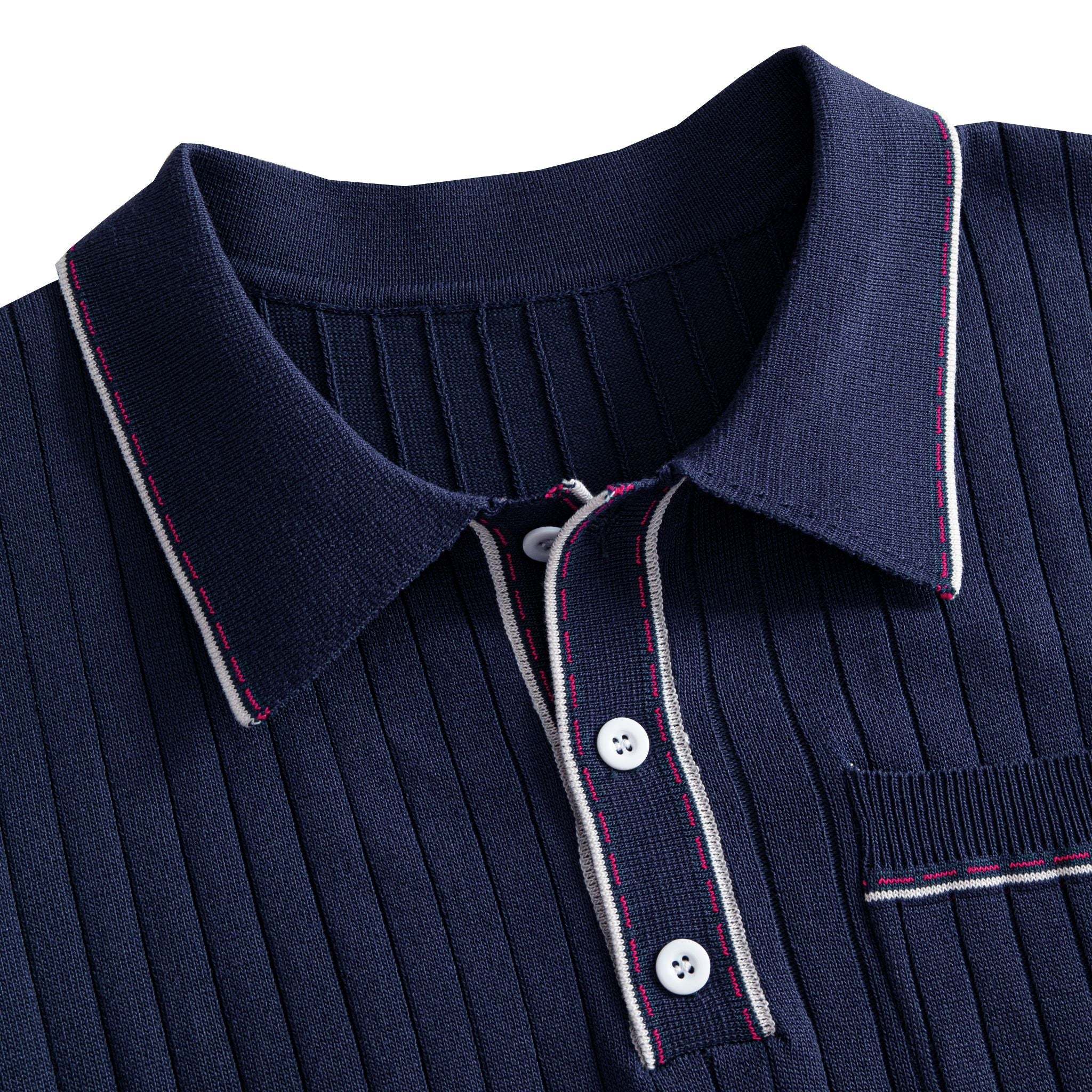 OROMEN Navy Ribbed Knit Polo Shirt — Spread Collar Close-Up with Red and White Contrast Tipping and White Button Placket Detail