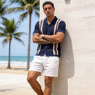OROMEN Navy Striped Open-Knit Cardigan Shirt – Front View