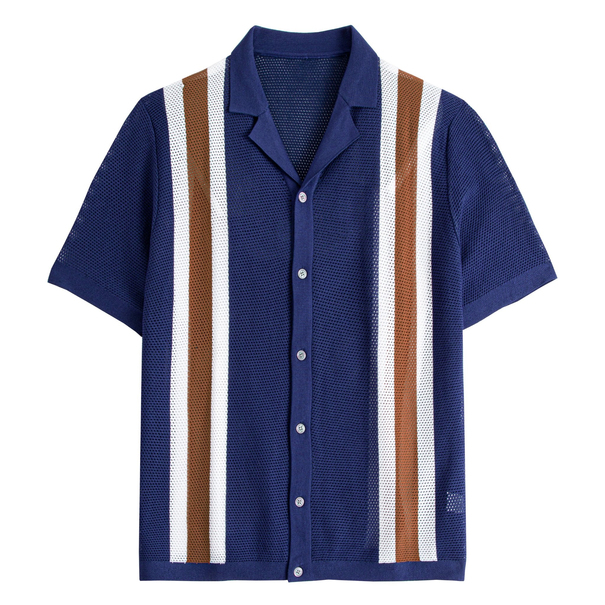 OROMEN Navy Striped Open-Knit Cardigan Shirt – Three-Quarter View