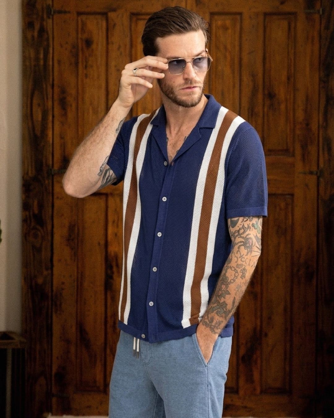 OROMEN Navy Striped Open-Knit Cardigan Shirt – in Model