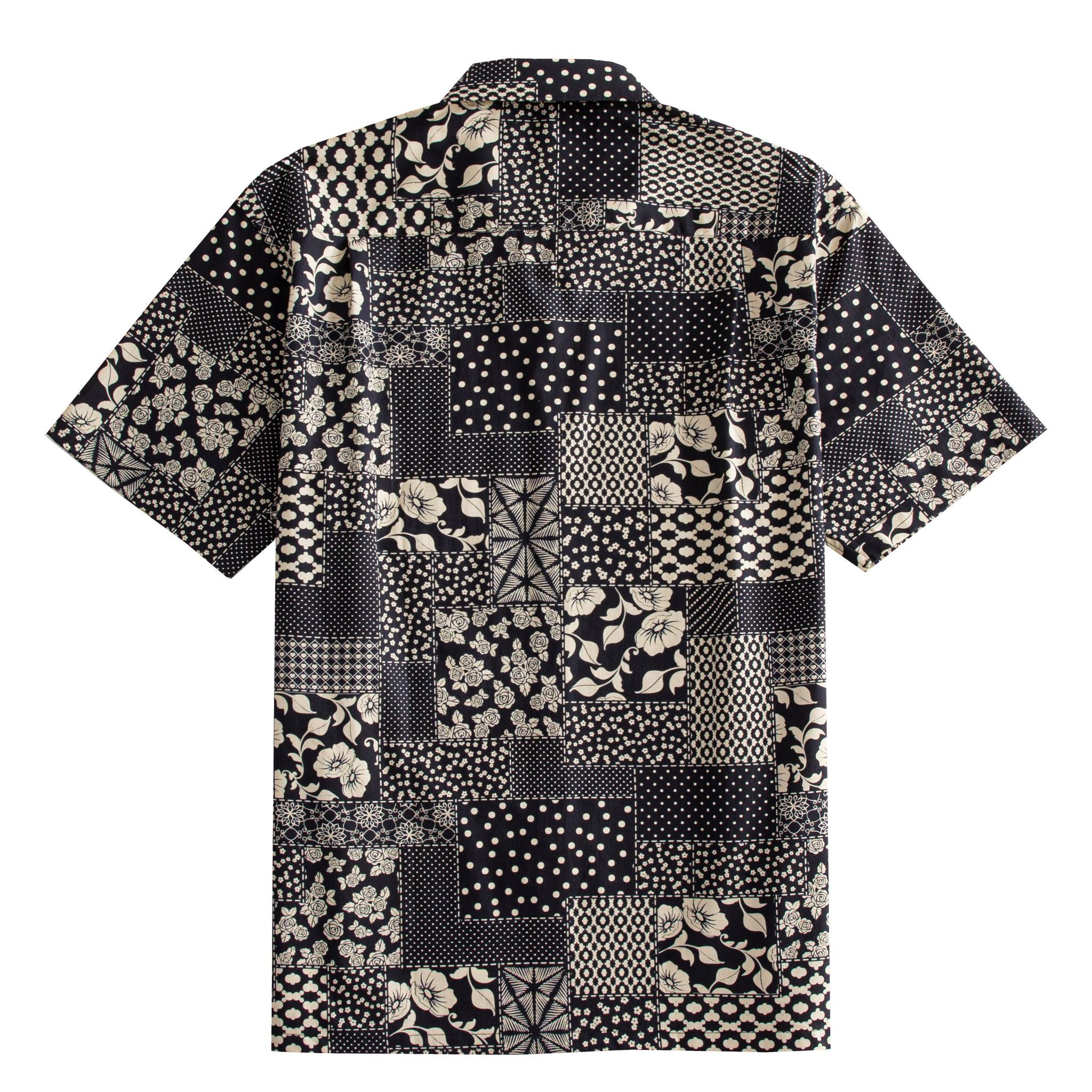 OROMEN Noir Patchwork Hawaiian shirt back flat lay showing full allover monochrome patchwork block layout with florals, roses, polka dots, snowflake geometrics and lace medallions in black and off-white