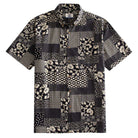 OROMEN Noir Patchwork Hawaiian shirt front flat lay showing full allover monochrome patchwork block layout with florals, roses, polka dots, geometrics and lace medallions in black and off-white