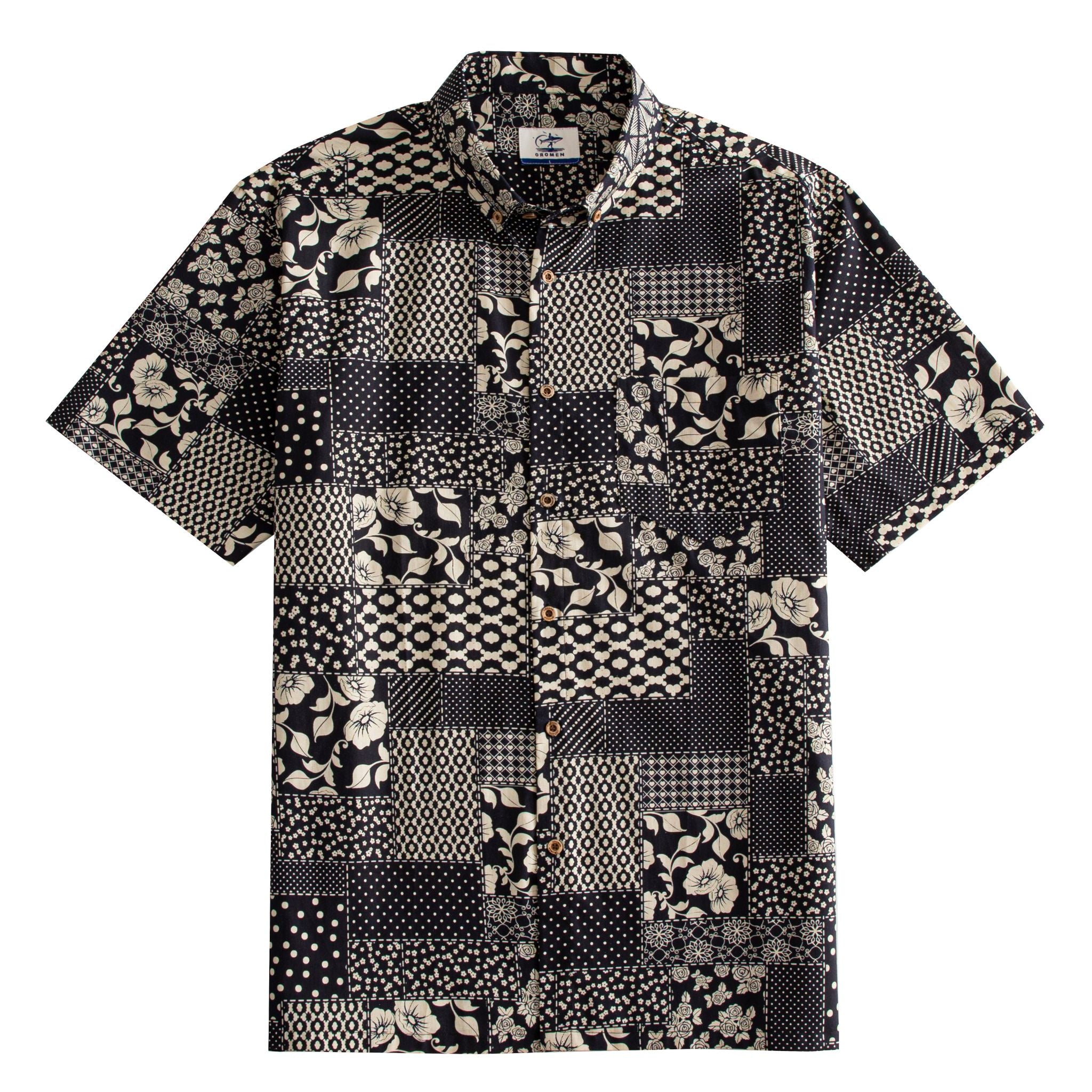 OROMEN Noir Patchwork Hawaiian shirt front flat lay showing full allover monochrome patchwork block layout with florals, roses, polka dots, geometrics and lace medallions in black and off-white