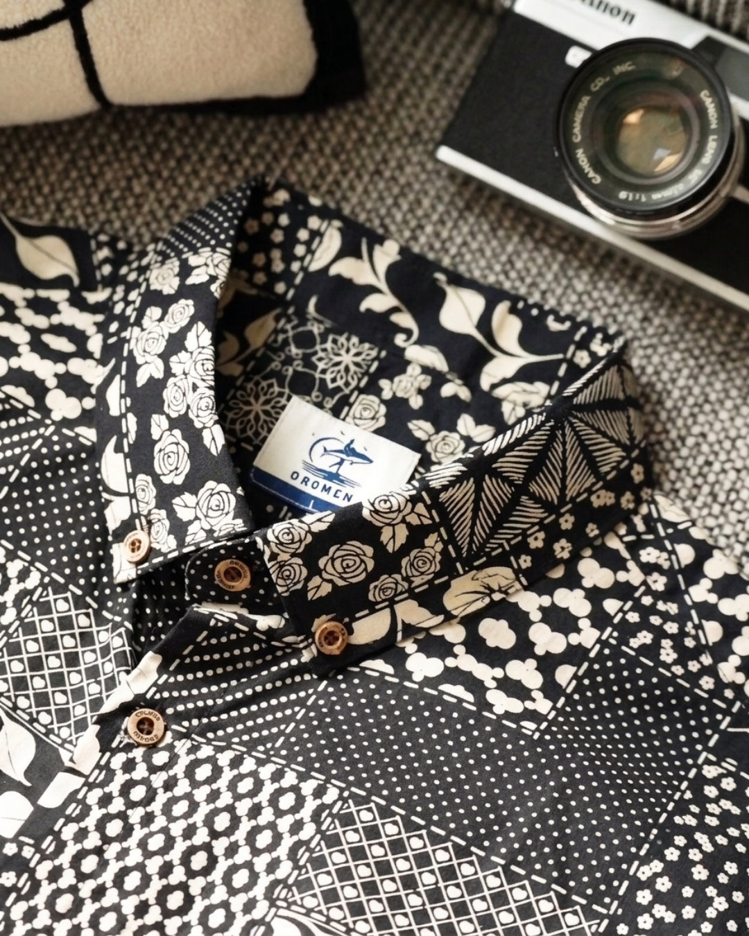 OROMEN Noir Patchwork shirt button-down collar detail picture