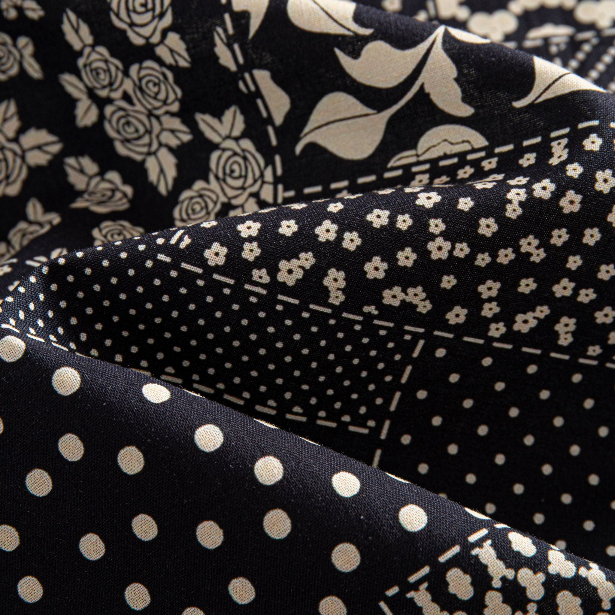 OROMEN Noir Patchwork shirt fabric close-up showing lace medallion, leopard spot, polka dot and diamond grid patchwork panels in black and off-white 100% premium cotton