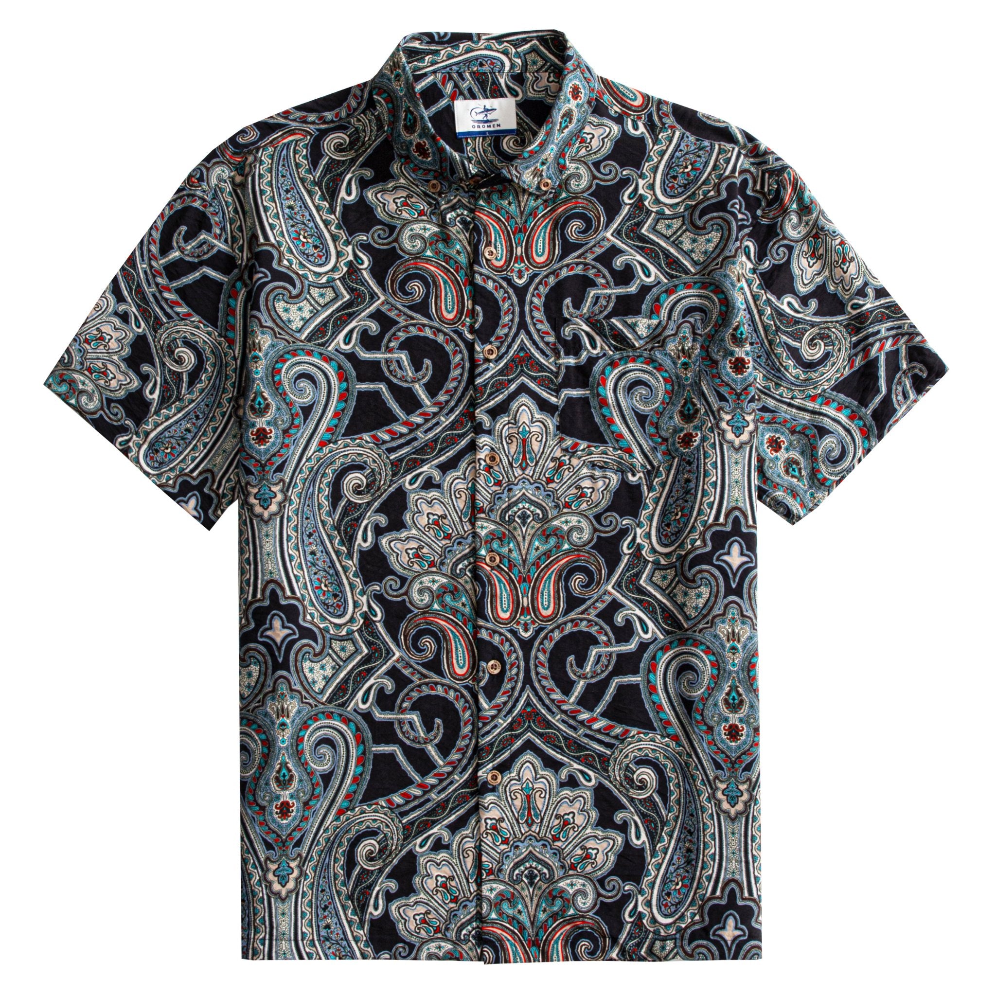 OROMEN Nostalgic Paisley Hawaiian Shirt – Front View – Black Teal Red Retro Print