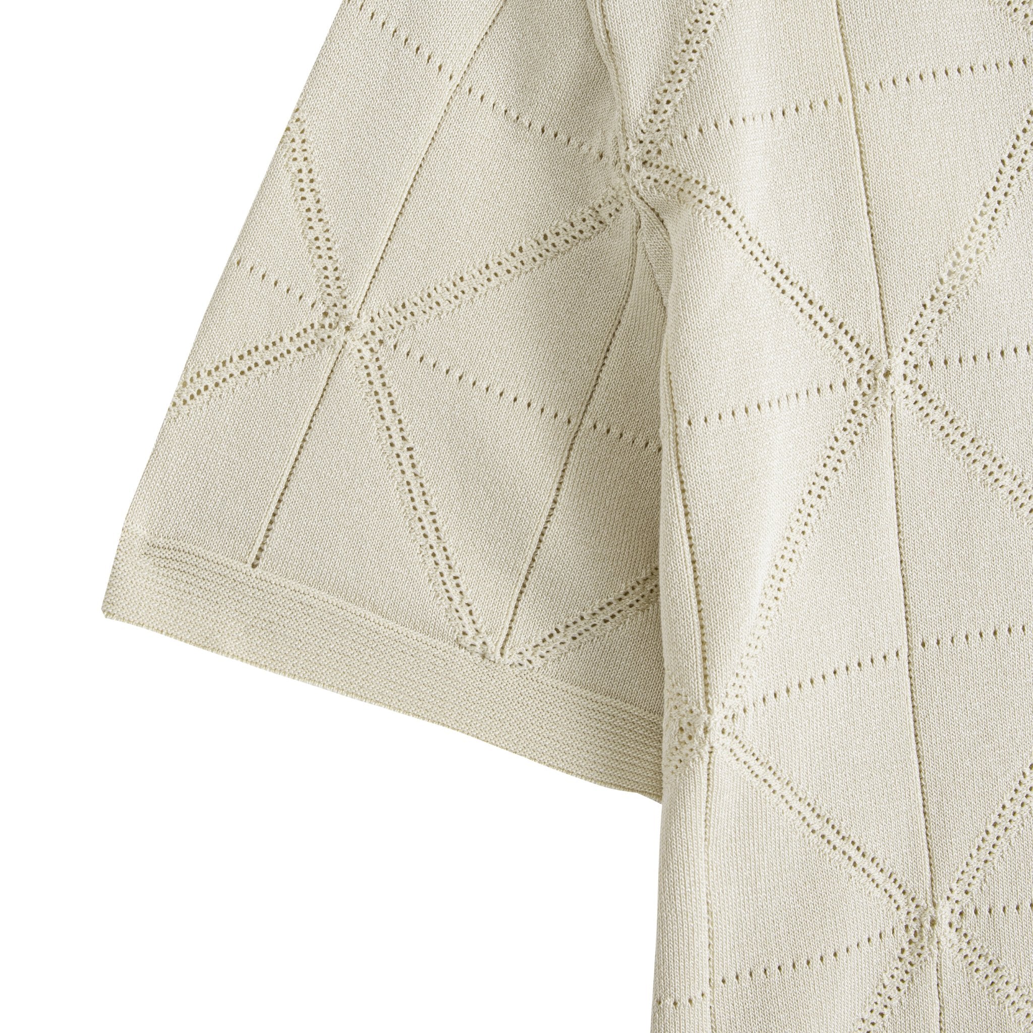 OROMEN Open-Knit Mesh Shirt – Model Wearing Beige