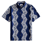 OROMEN Paisley Bandana Hawaiian shirt front flat lay showing full allover navy blue and off-white paisley print