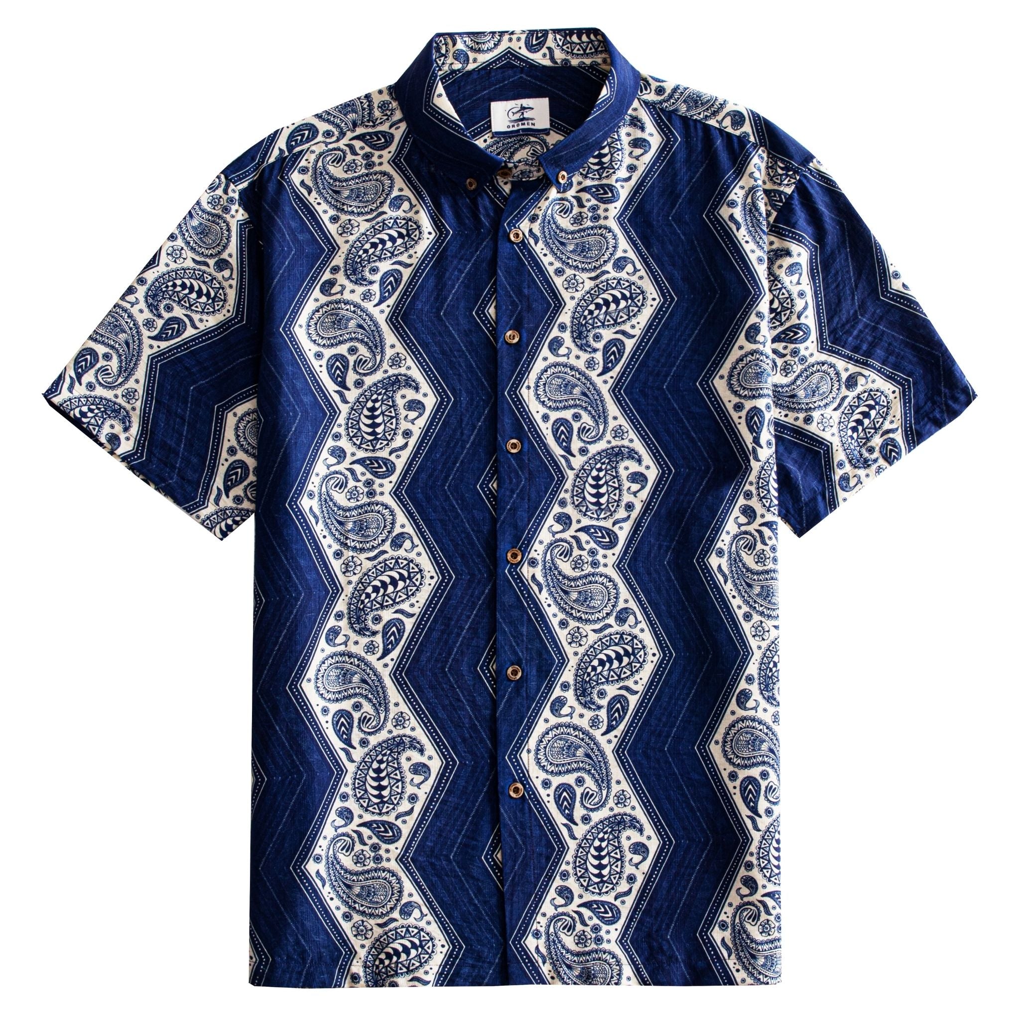 OROMEN Paisley Bandana Hawaiian shirt front flat lay showing full allover navy blue and off-white paisley print