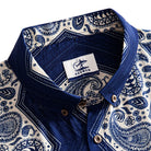 OROMEN Paisley Bandana shirt button-down collar detail showing branded label and intricate navy paisley print on off-white ground