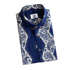 OROMEN Paisley Bandana shirt folded display showing navy blue and off-white paisley bandana print with geometric diamond layout