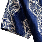 OROMEN Paisley Bandana shirt sleeve detail showing allover navy blue paisley and geometric diamond frame print