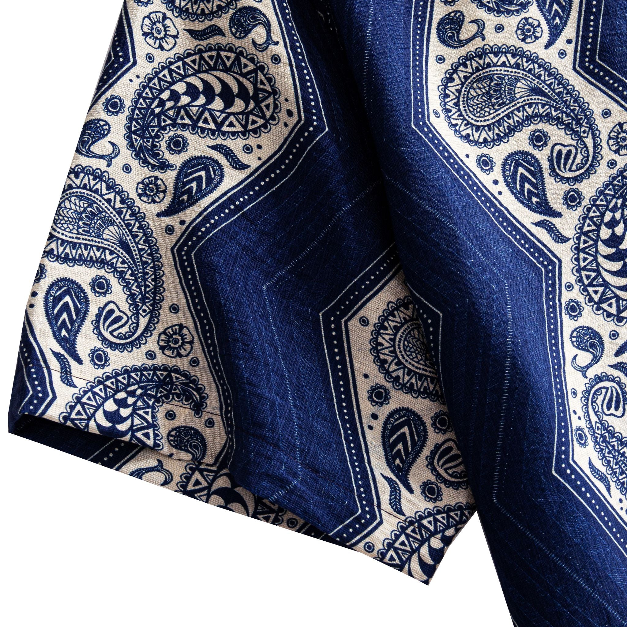 OROMEN Paisley Bandana shirt sleeve detail showing allover navy blue paisley and geometric diamond frame print