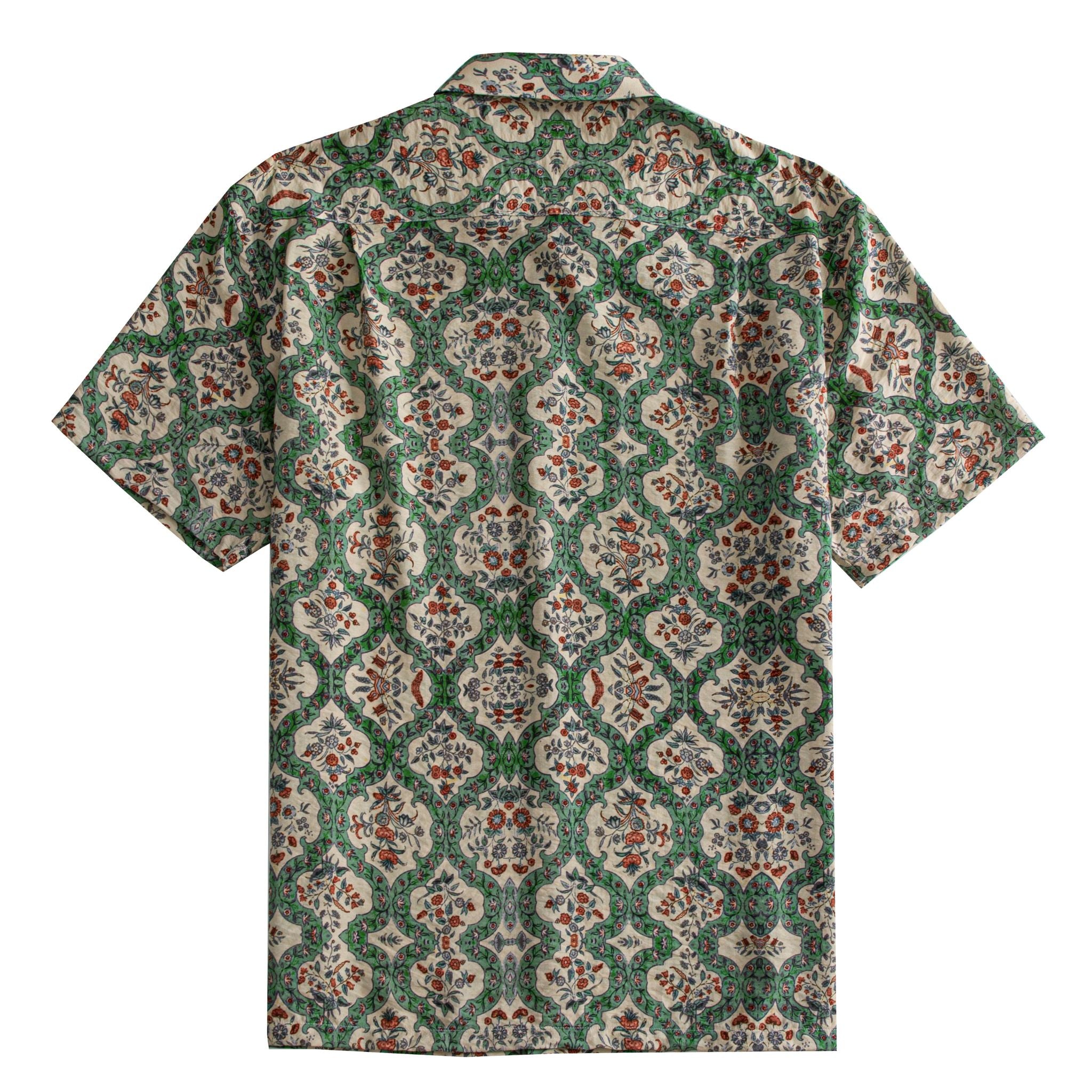 OROMEN Persian Garden Hawaiian Shirt – back view symmetrical Persian botanical print short sleeve with back box pleat