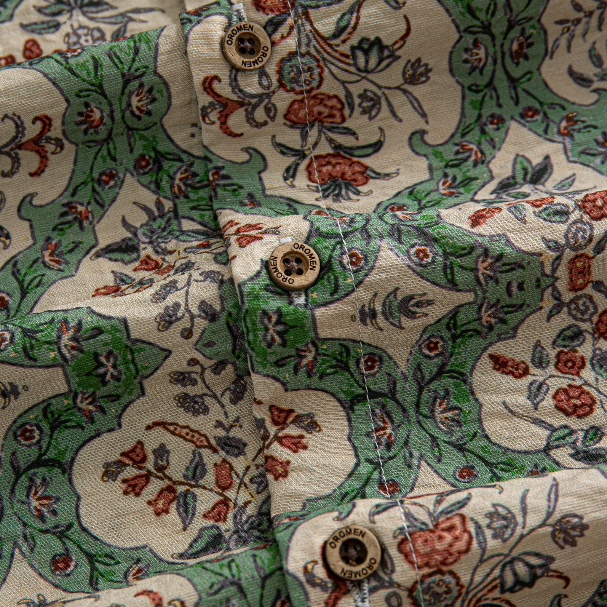 OROMEN Persian Garden Hawaiian Shirt – branded coconut button detail on Persian floral print
