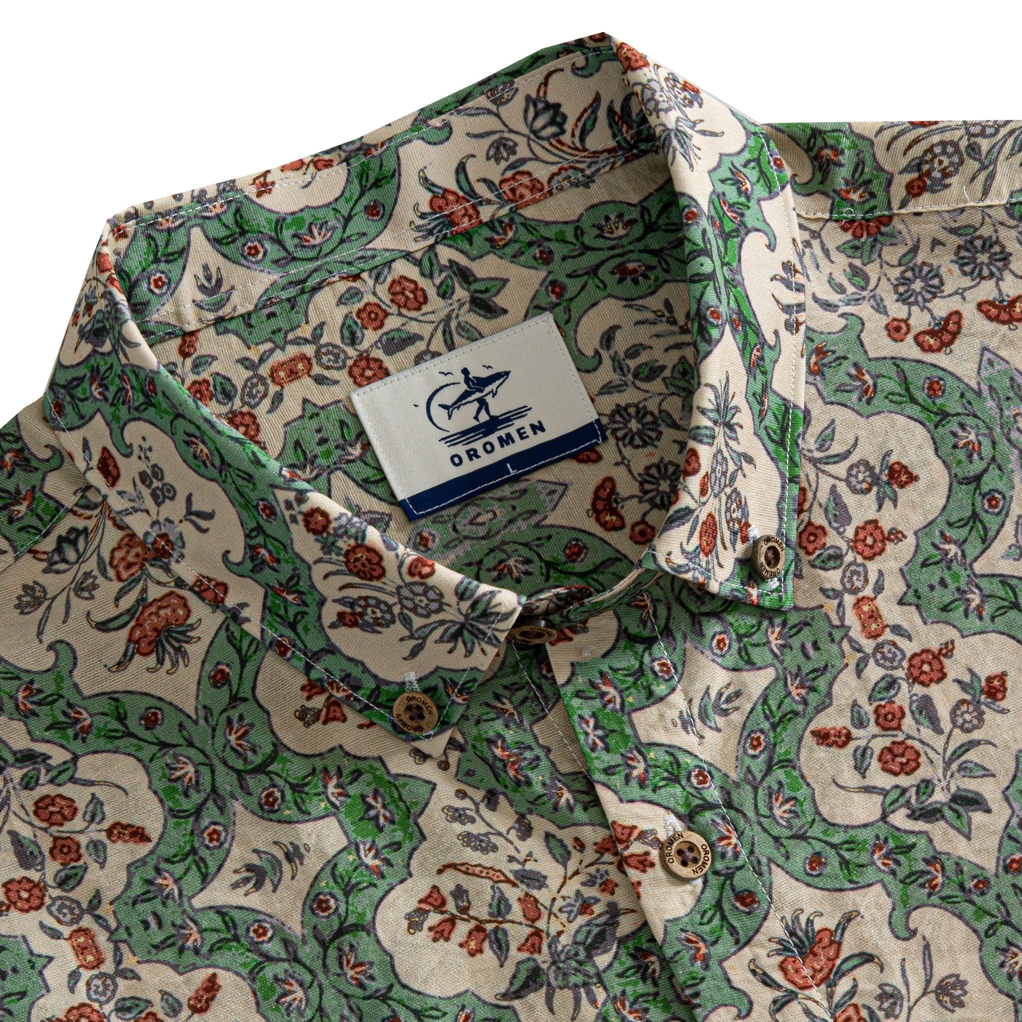 OROMEN Persian Garden shirt – collar close-up with brand label button-down collar and coconut button detail