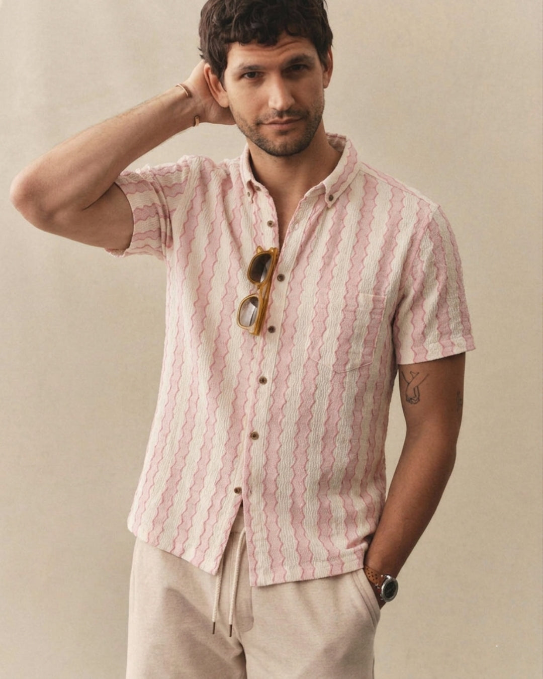 OROMEN Pink Jacquard Shirt - Model Front View
