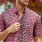 OROMEN Pink Leopard Aloha Shirt detail — coconut buttons and camp collar