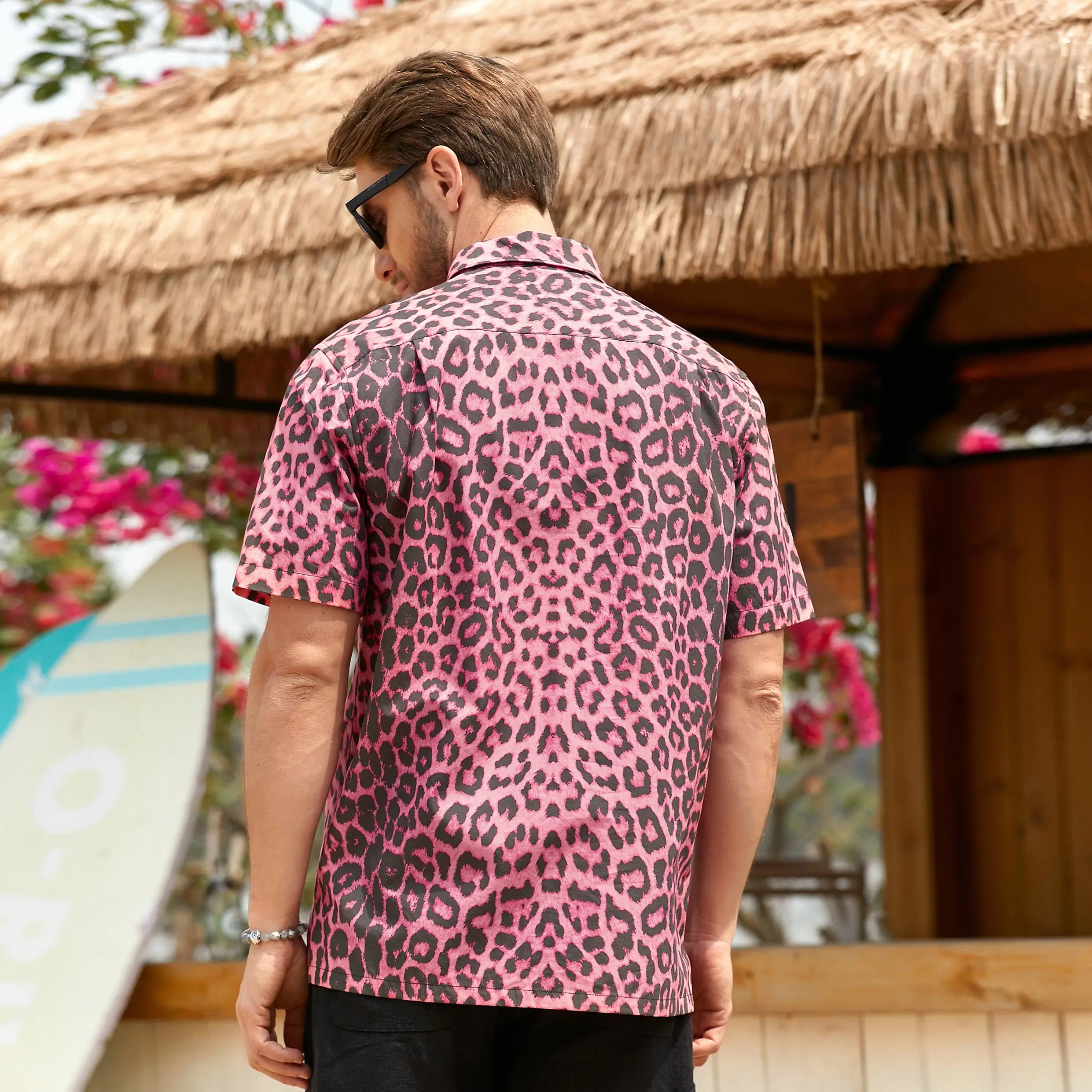 OROMEN Pink Leopard Hawaiian Shirt back view — blush pink leopard print