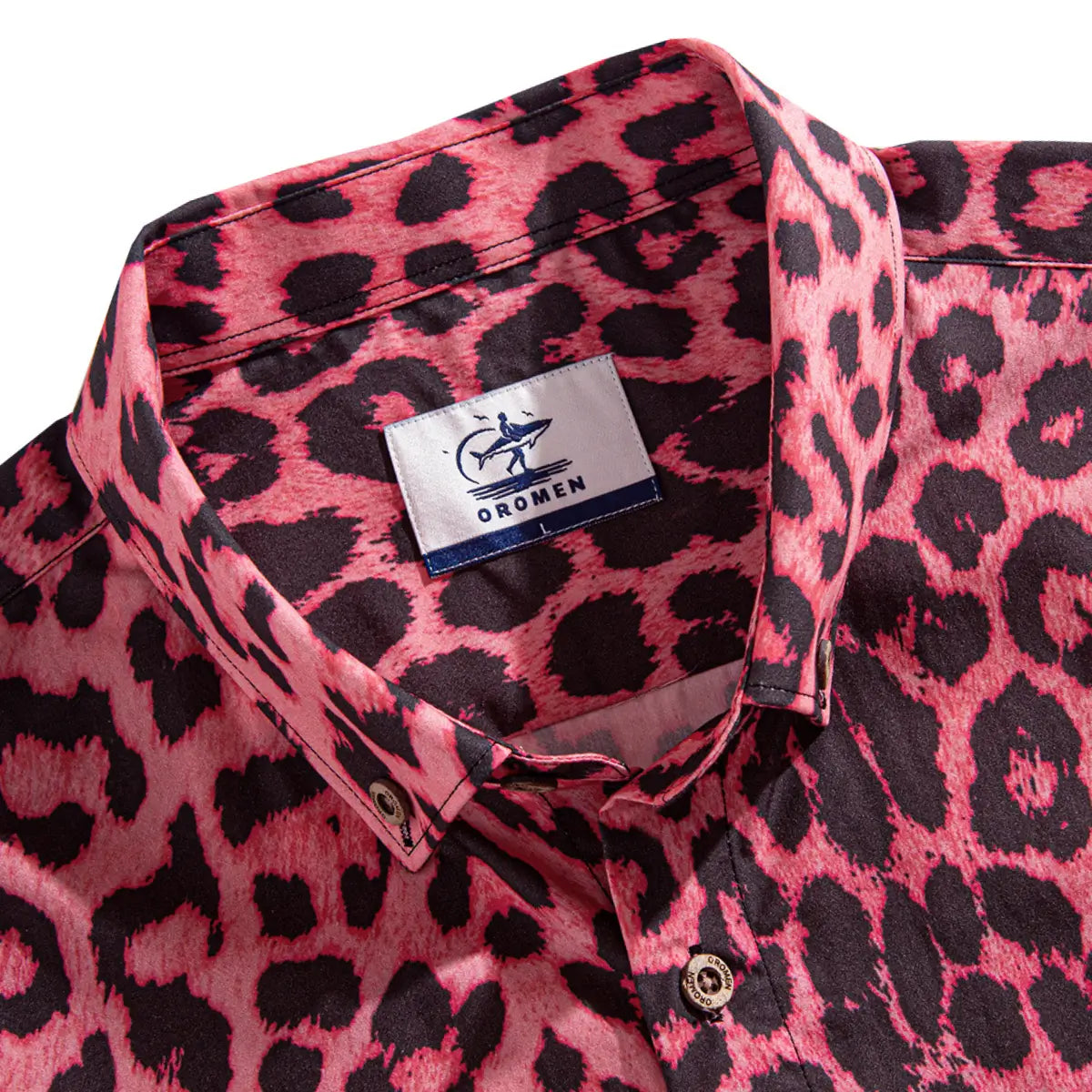 OROMEN Pink Leopard Print Hawaiian Shirt - Collar Details