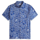 OROMEN Plant Totem Hawaiian shirt flat lay – navy blue retro totem and hibiscus print with coconut buttons and chest pocket