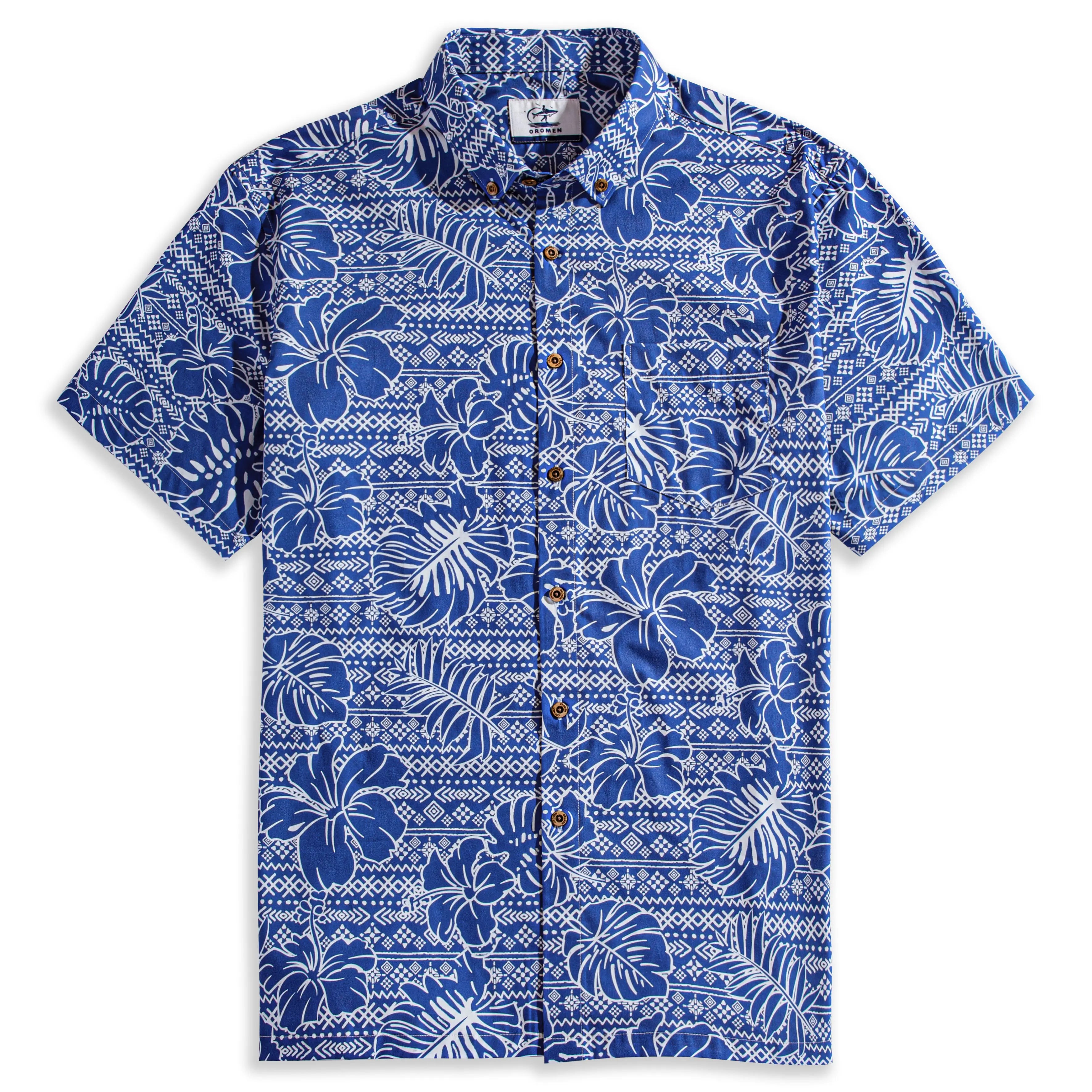 OROMEN Plant Totem Hawaiian shirt flat lay – navy blue retro totem and hibiscus print with coconut buttons and chest pocket