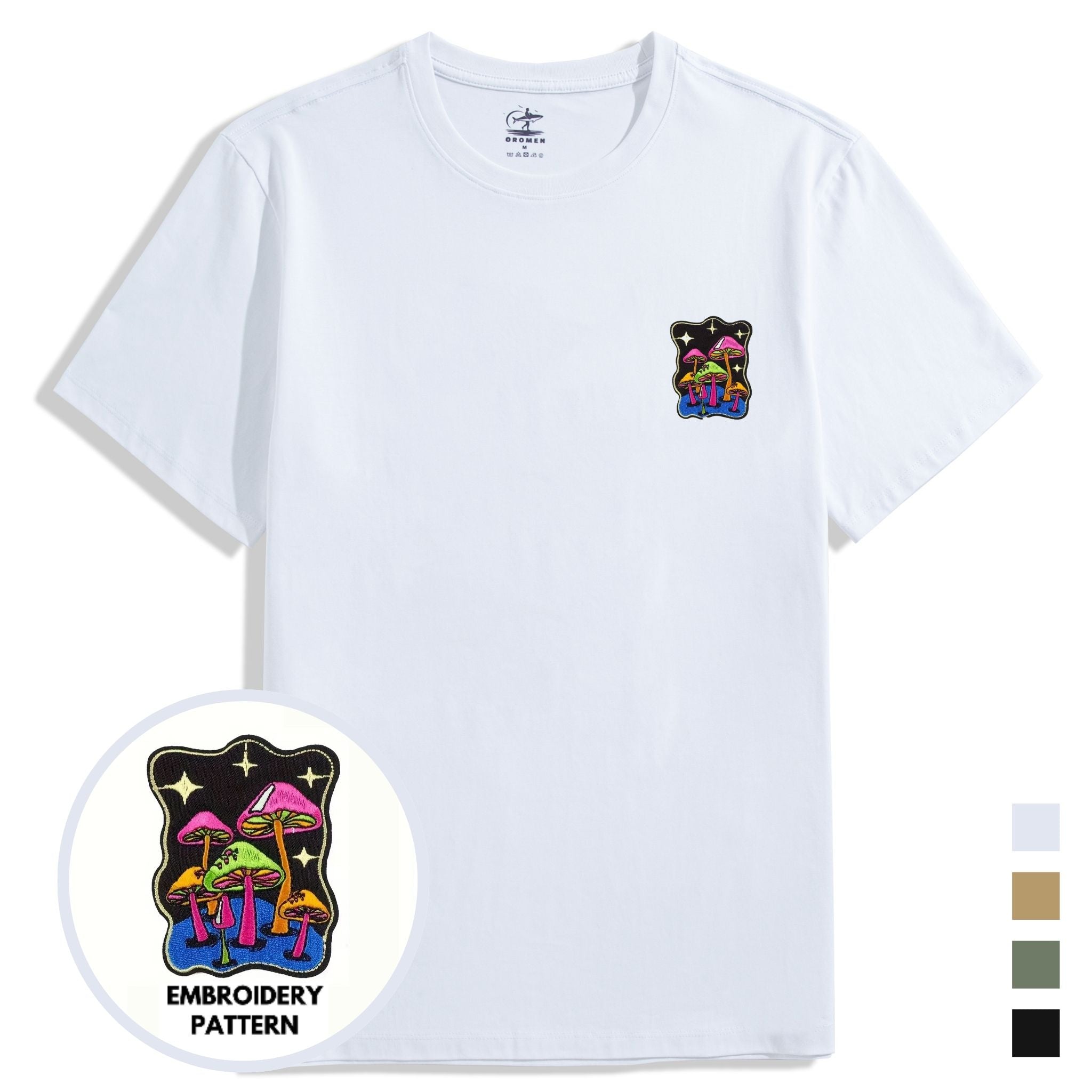 OROMEN Psychedelic Mushroom Embroidery Crew Neck T-Shirt – White,  Khaki, Army Green & Black Color Overview