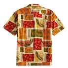 OROMEN Rajasthan Paisley Hawaiian shirt back flat lay showing full allover multi-color paisley patchwork layout in crimson, amber, olive and cream on 100% cotton
