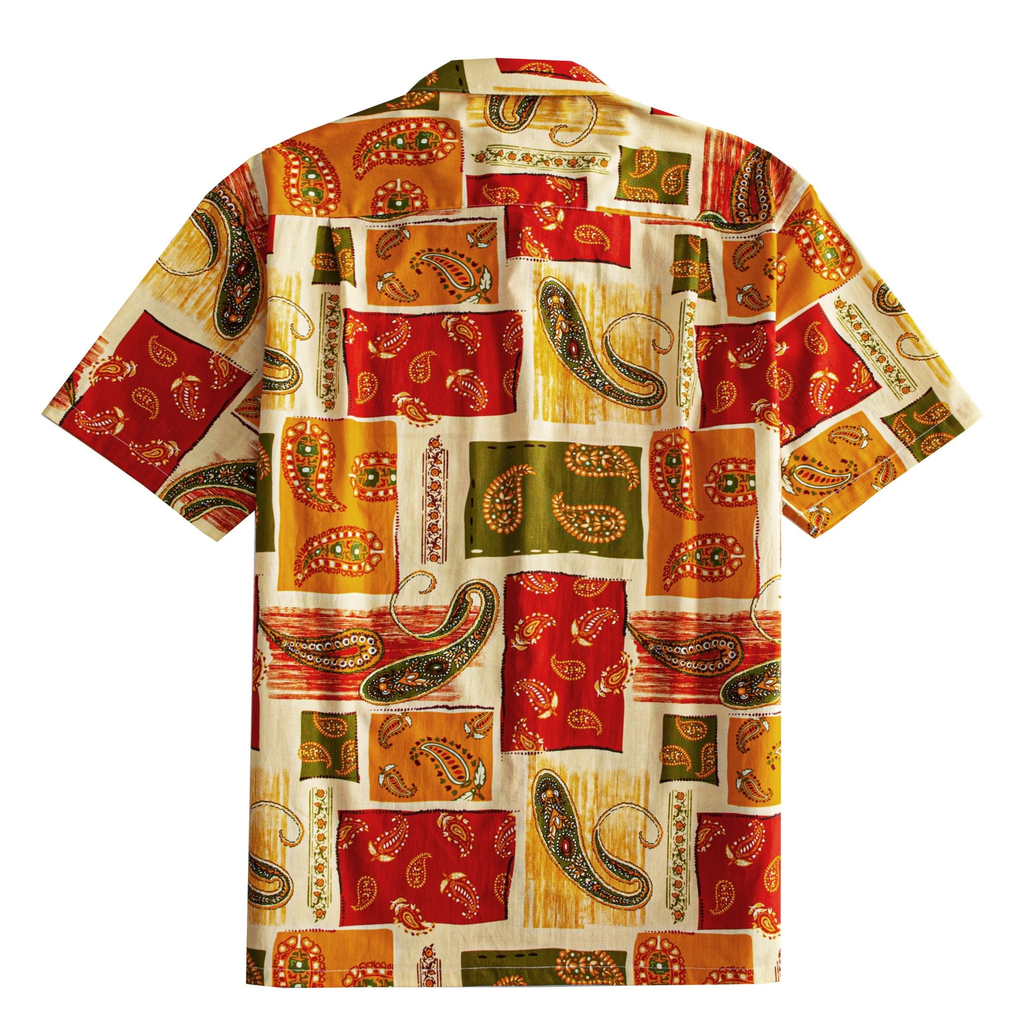 OROMEN Rajasthan Paisley Hawaiian shirt back flat lay showing full allover multi-color paisley patchwork layout in crimson, amber, olive and cream on 100% cotton