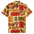 OROMEN Rajasthan Paisley Hawaiian shirt front flat lay showing full allover multi-color paisley patchwork print in crimson, amber, olive and cream