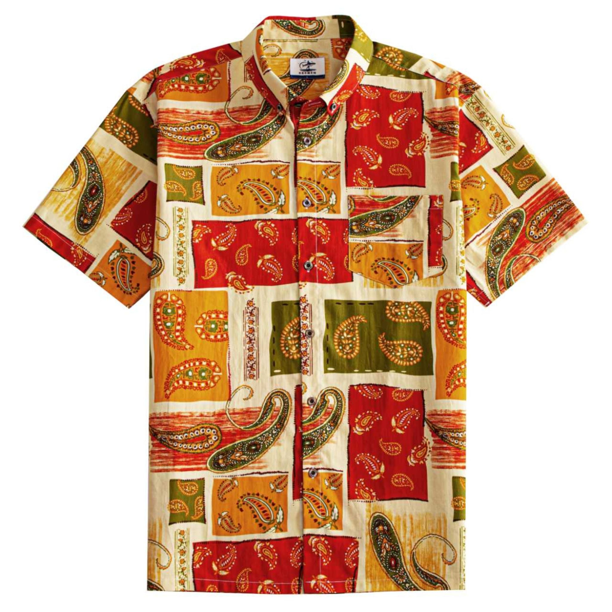 OROMEN Rajasthan Paisley Hawaiian shirt front flat lay showing full allover multi-color paisley patchwork print in crimson, amber, olive and cream