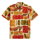 OROMEN Rajasthan Paisley Hawaiian shirt front flat lay showing full allover multi-color paisley patchwork print in crimson, amber, olive and cream