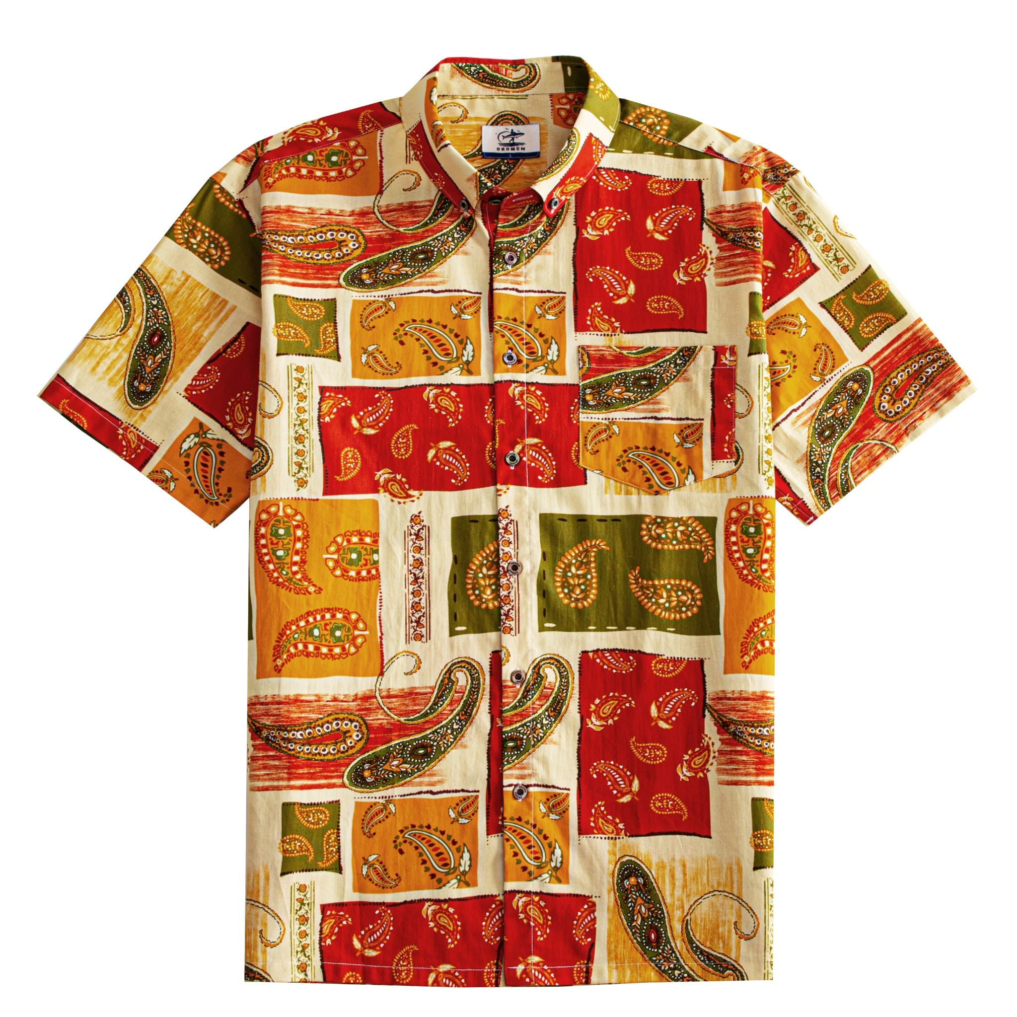 OROMEN Rajasthan Paisley Hawaiian shirt front flat lay showing full allover multi-color paisley patchwork print in crimson, amber, olive and cream